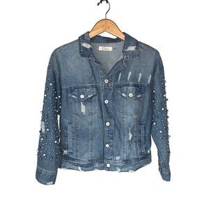 Elan Distressed Blue Denim Jacket with Pearl Embellishments